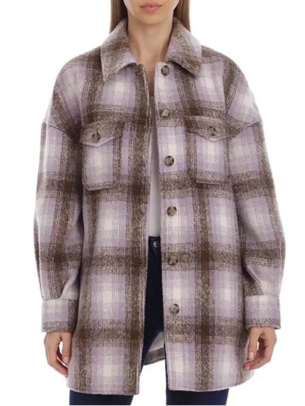 Avec Les Filles Plaid Shacket - Lavender/ Brown Oversized Shirt Jacket